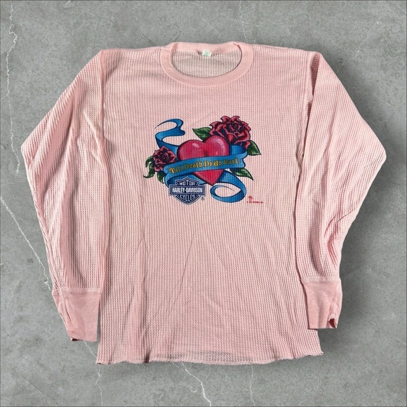 Vintage Harley-Davidson Thermal Shirt Womens Large Pink Waffle Graphic Roses 80s - Picture 1 of 7